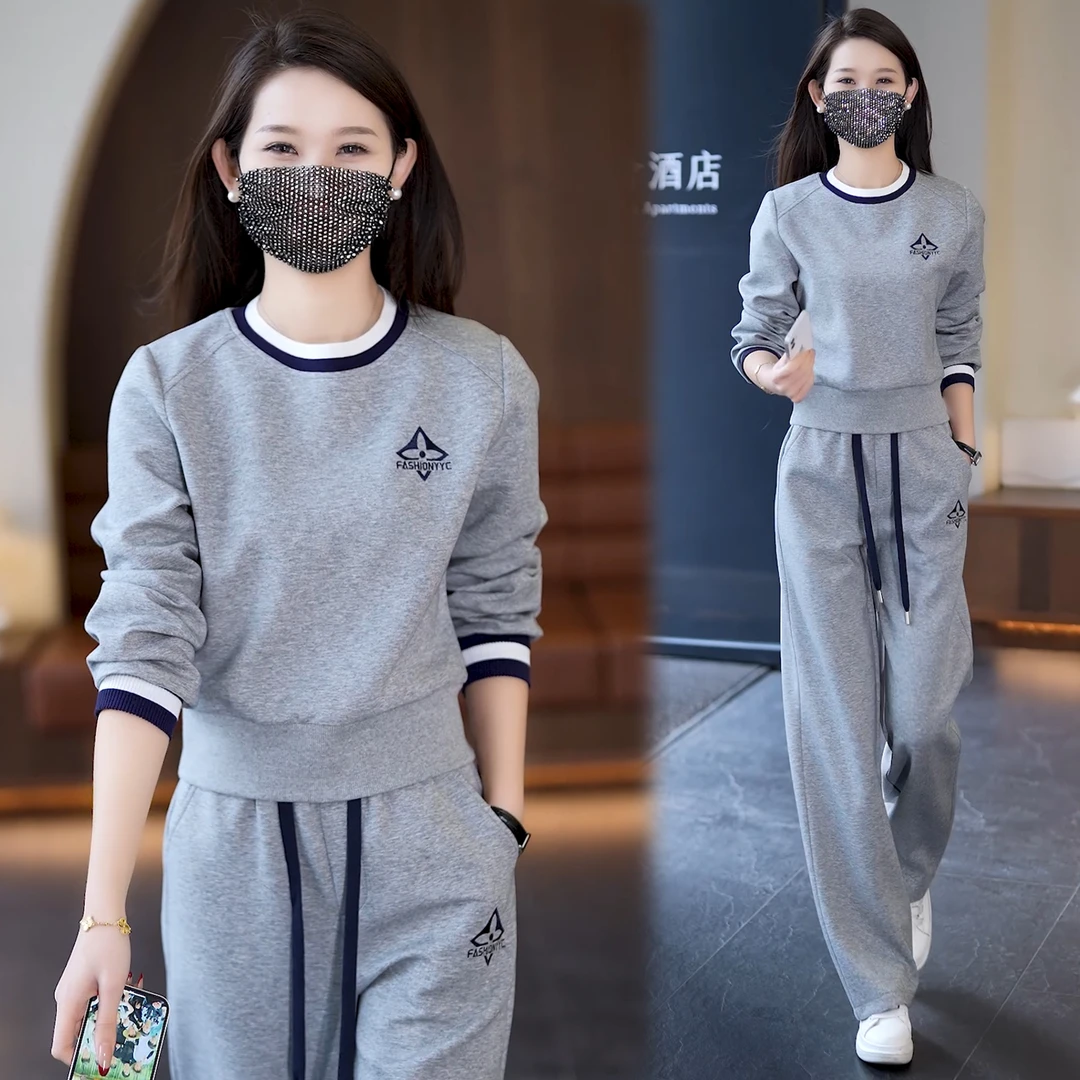 优依纯白色减龄休闲运动套装秋装春装新款两件套阔腿裤/束脚裤