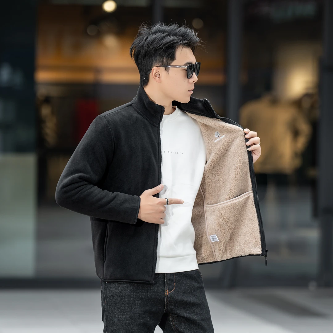 免烫纯色立领长袖简约风拉链夹克加厚男士保暖户外男装秋冬季外套