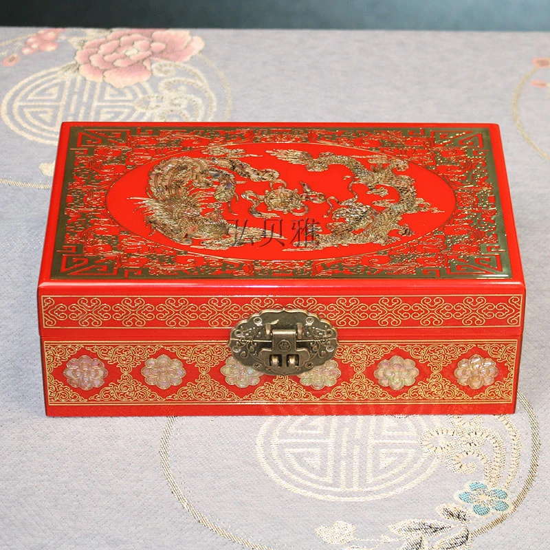 [龙凤呈祥]24cm长铜丝镶嵌首饰梳妆盒+螺钿漆器纯手工非遗工艺