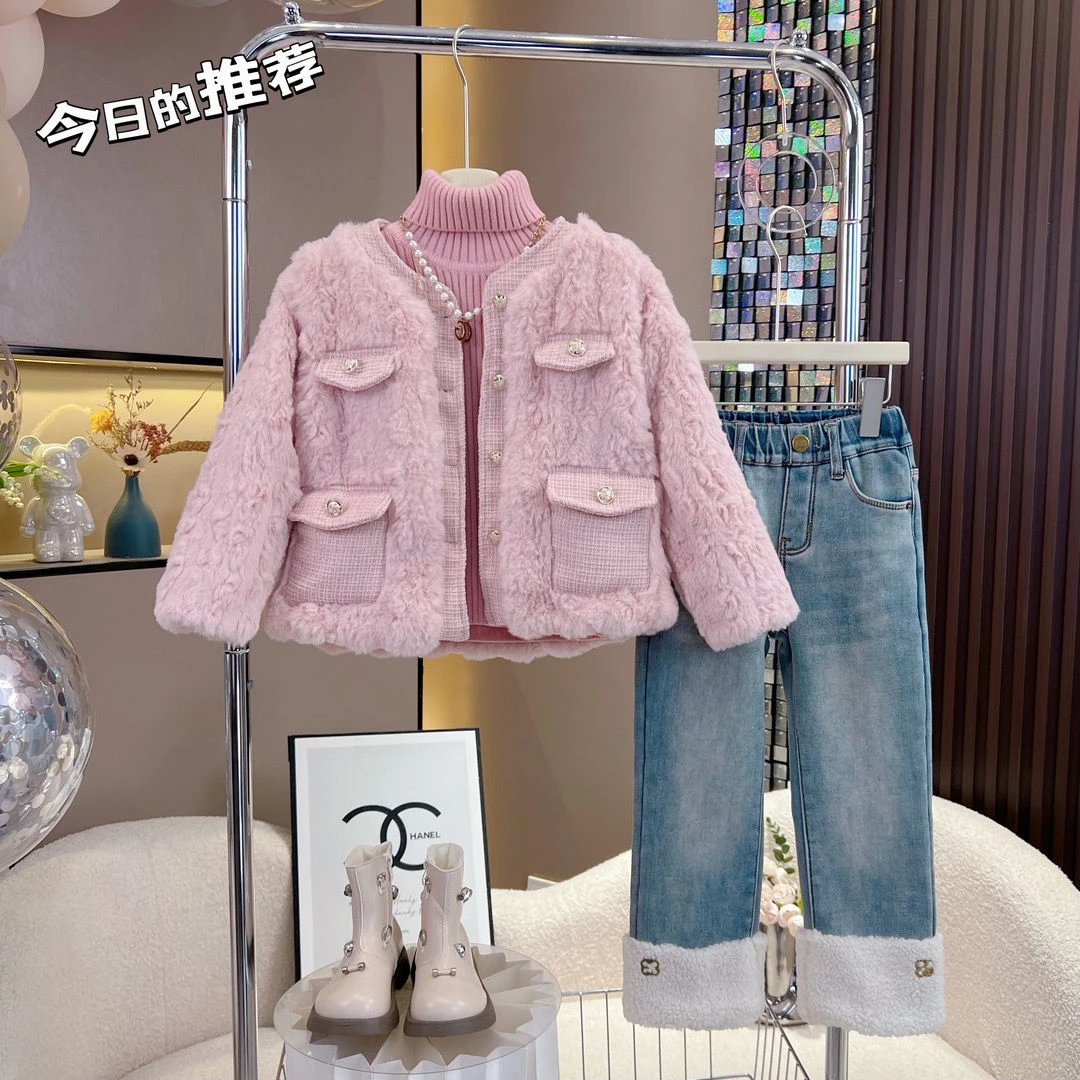 木子童装女童冬款衣新款儿童小香风加厚外套女宝宝一体绒牛仔裤套