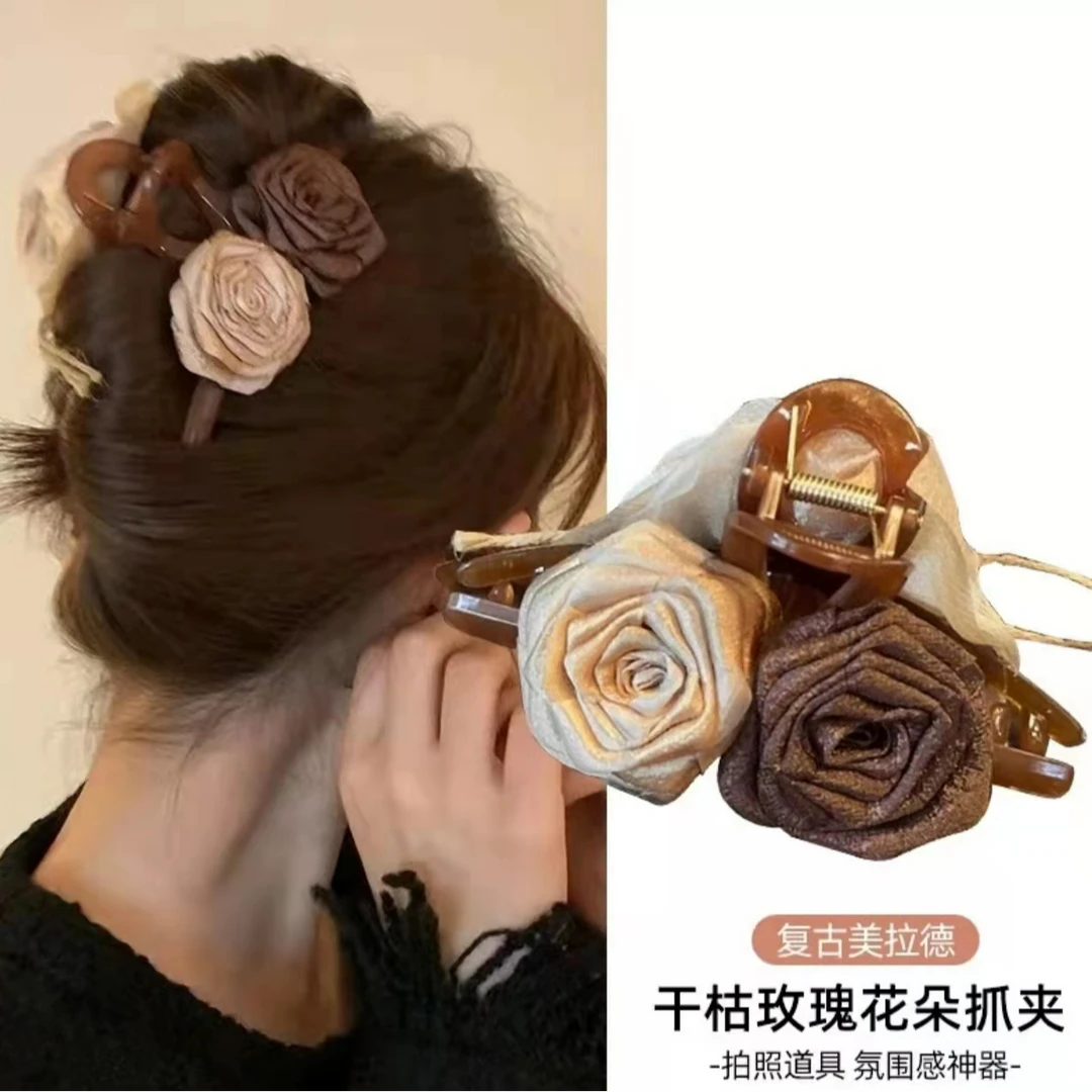 2024春夏新款玫瑰花抓夹小香风发夹手工气质百搭发卡法式Z236