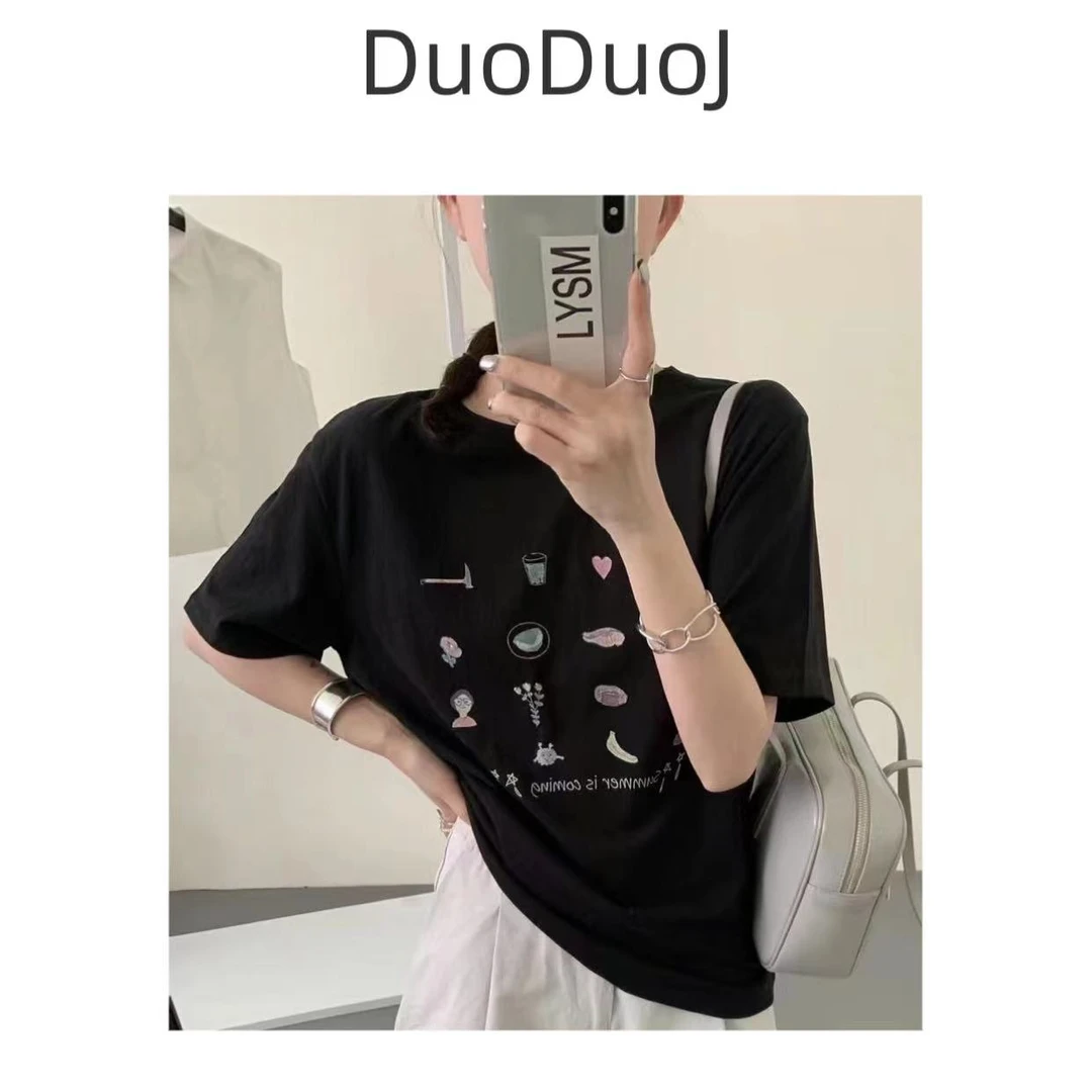 【DuoDuoJ】【10095什么都有】韩版休闲百搭小众圆领T恤短袖