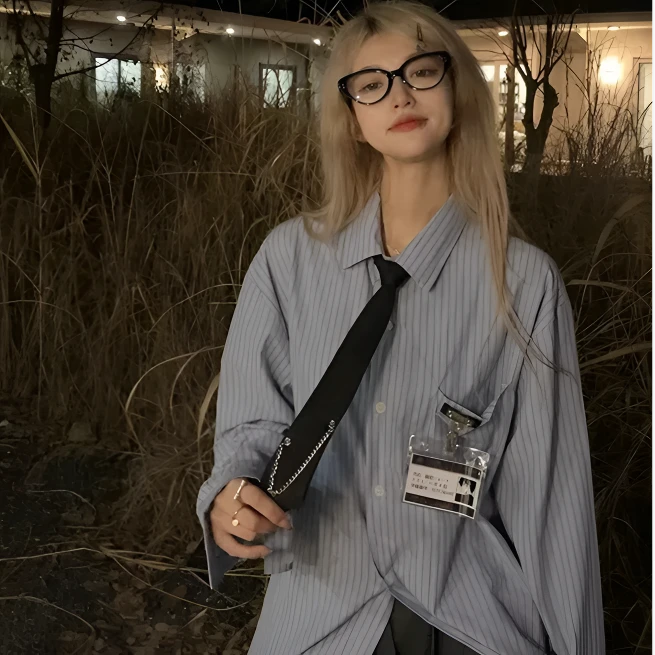 【蓝色长袖衬衫套装】2025秋美式复古条纹学院风长袖衬衫女宽松衬衣