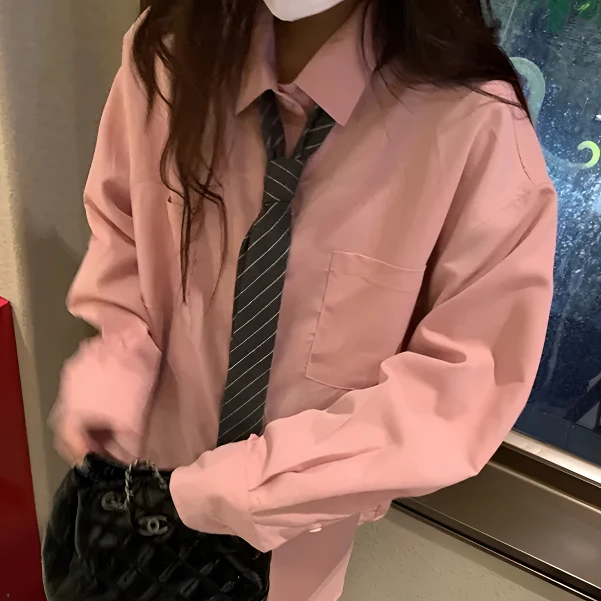 【粉色长袖衬衫套装】粉色口袋衬衫2024秋季新款宽松休闲衬衣女ins