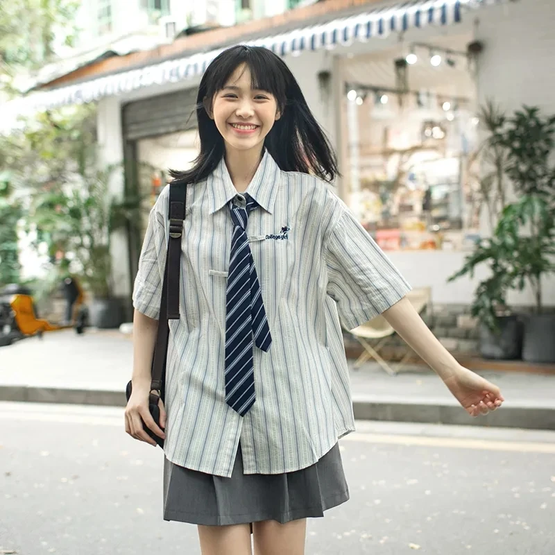 【学院风套装】夏季日系学生蓝色条纹领带短袖衬衫女宽松韩版衬衣
