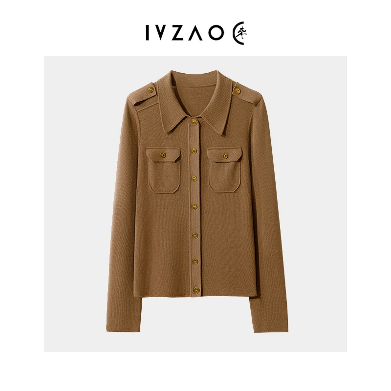 熊皮人 秋冬新款羊毛简约Polo肩章扣修身长袖翻领针织衫