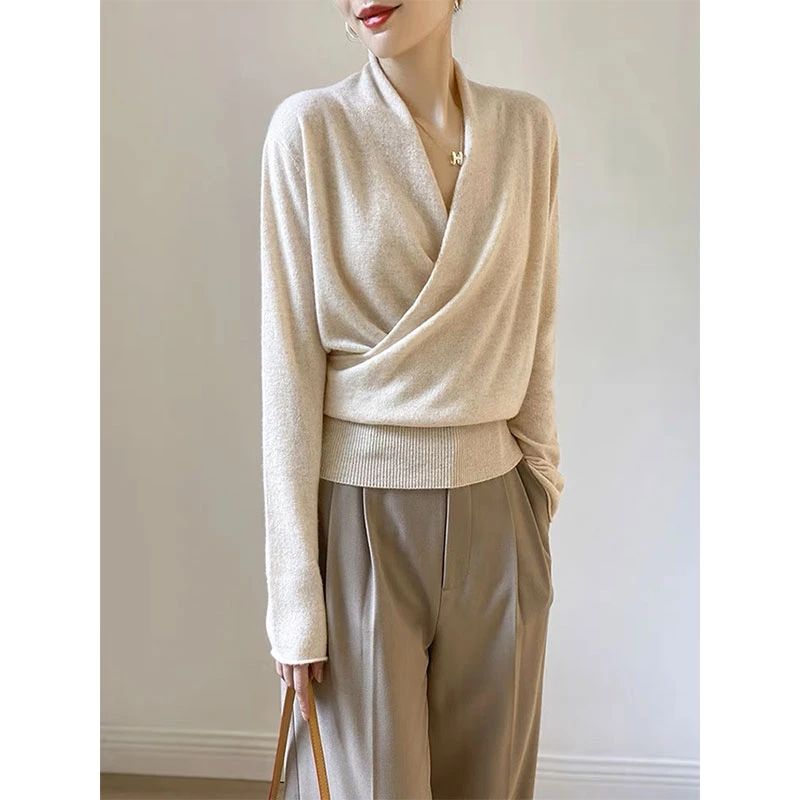 法式轻奢V领！纯色设计感长袖美利奴羊毛交叉领套头秋冬打底衫~