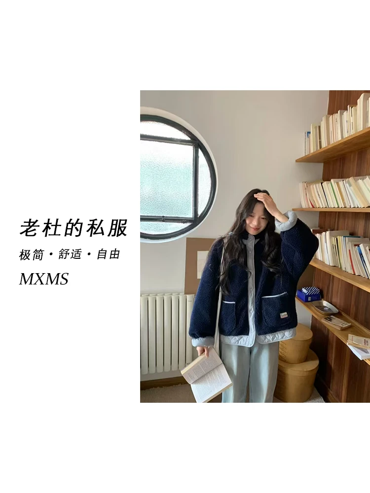 （麦欢尼）9396-“韩版设计师款”双侧口袋两面穿拼色舒适毛外套