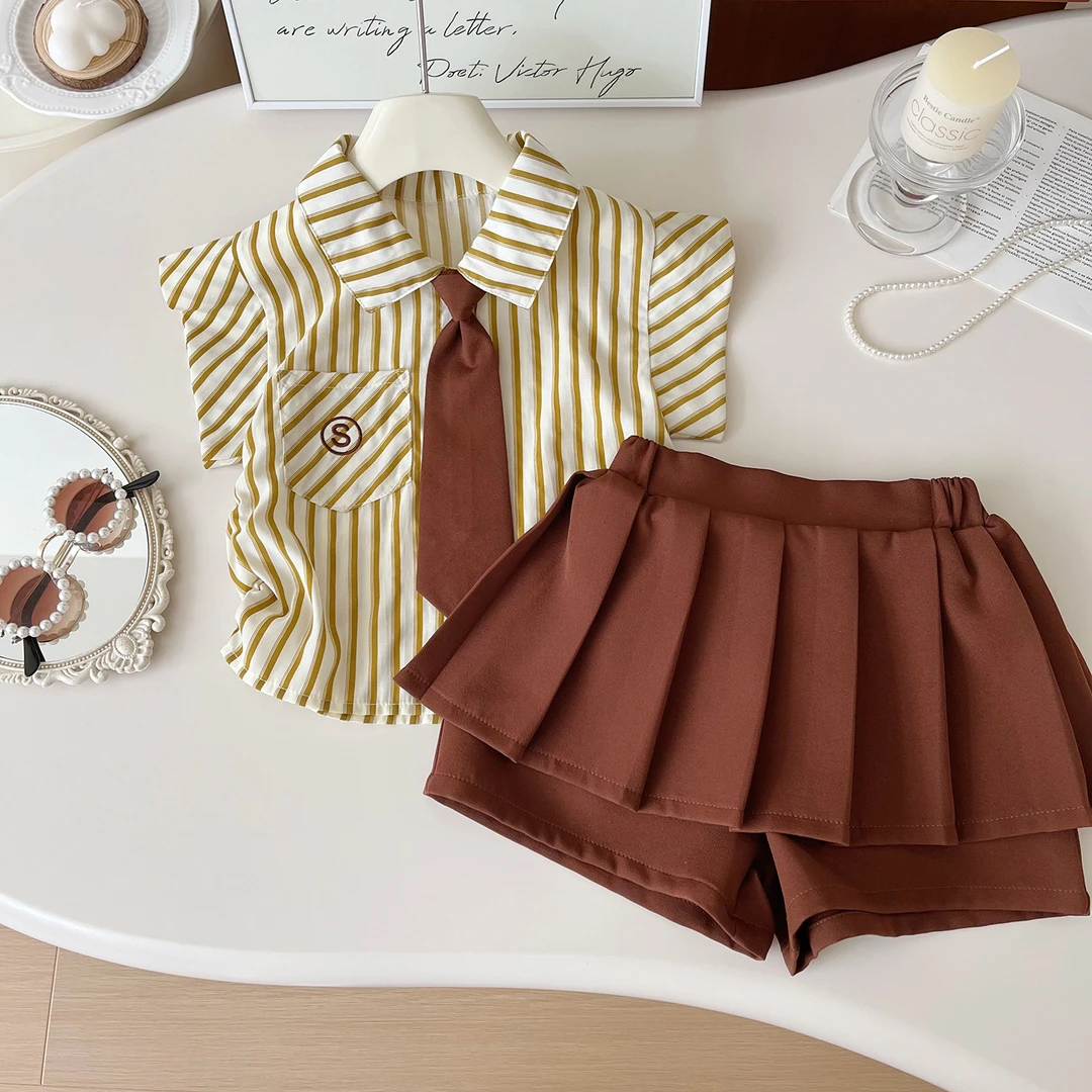 【美拉德】2024夏季新款韩版时尚女童洋气条纹衬衫裤裙套装S24219