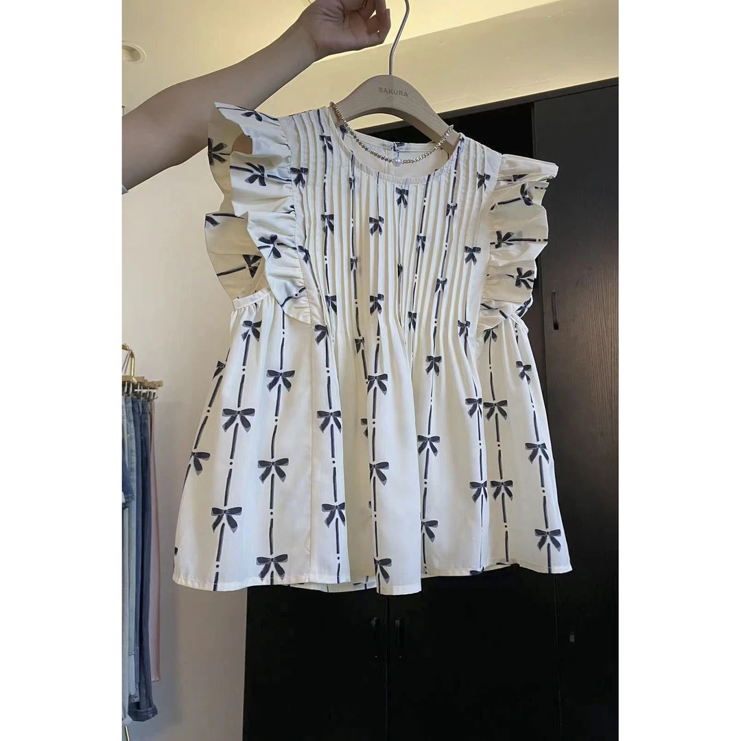 璎婲sᴀᴋᴜʀᴀ【暮色半岛】图韩版重工压褶圆领减龄飞袖蝴蝶结印花衬衫