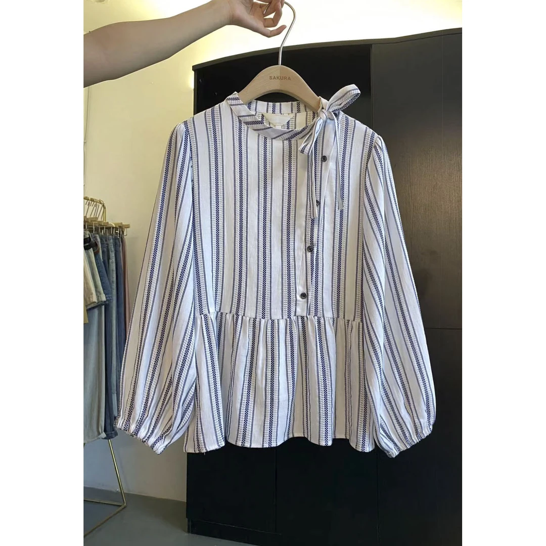 璎婲sᴀᴋᴜʀᴀ【罗登旧报】图小众斜扣绑带设计宽松条纹立领长袖衬衫