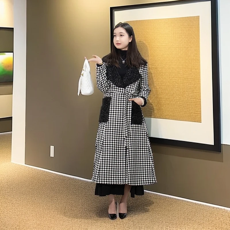 毛呢外套女中长款秋2024新款韩版修身千鸟格双排扣西装领呢子大衣