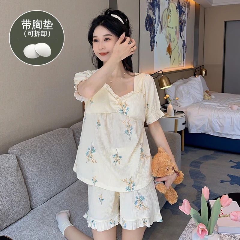 夏天女士睡衣可拆胸垫短袖短裤两件套装碎花清新修身显瘦家居服薄