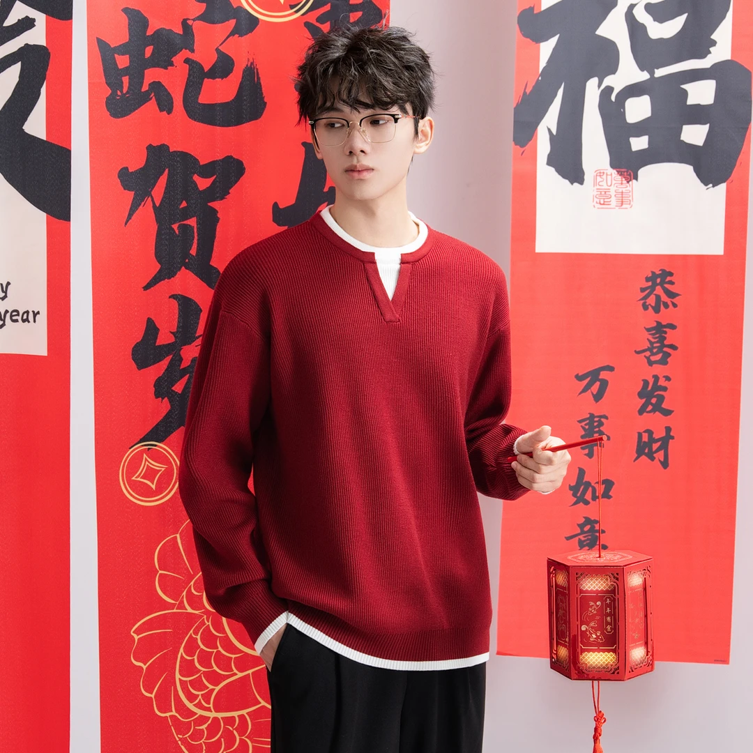 OWNR/OWNR红色假两件蛇年毛衣男2024秋冬季新款本命年内搭针织衫