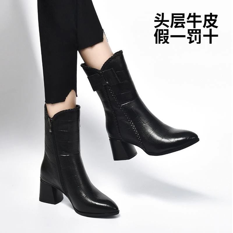 2024冬季新款粗跟中筒靴女英伦风棉靴冬款加绒中跟马丁靴高跟皮靴