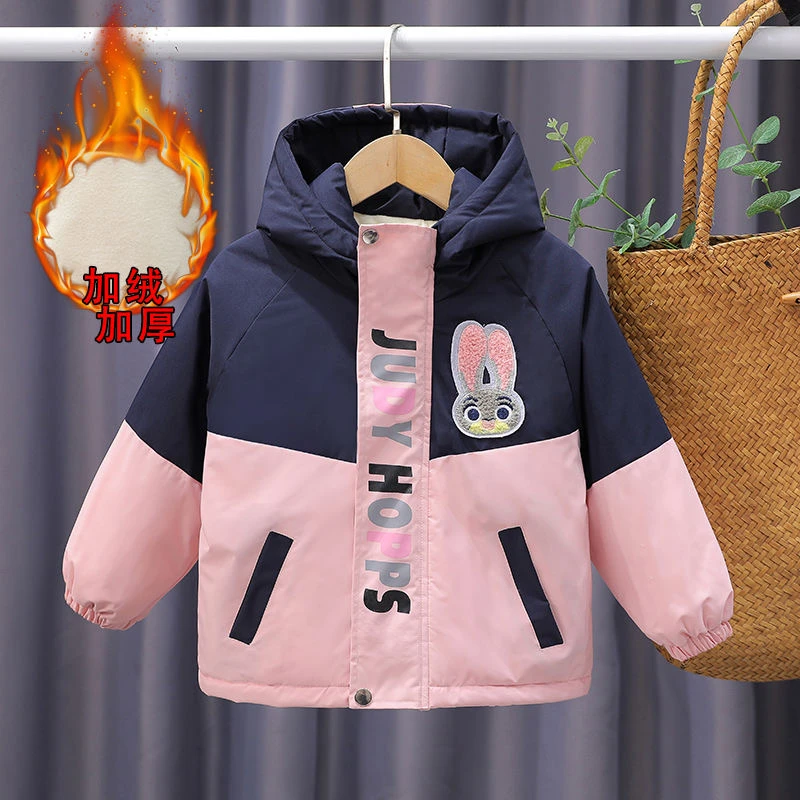 女童外套秋冬款2024新款洋气小女孩加绒加棉连帽棉服儿童加厚上衣