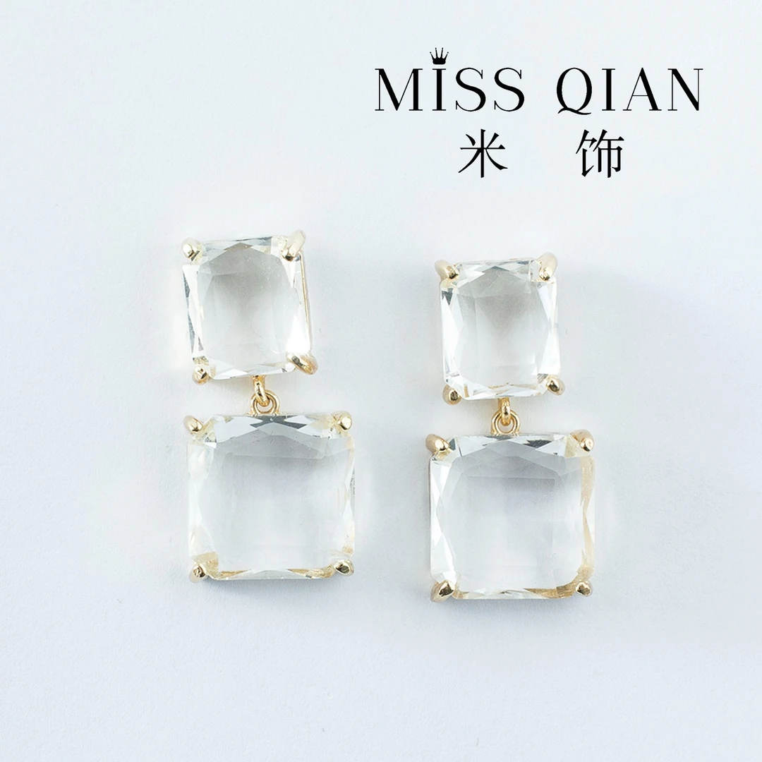 铜合金合成锆石耳饰 MISS/米饰【光影】时尚透明碎冰方块耳饰