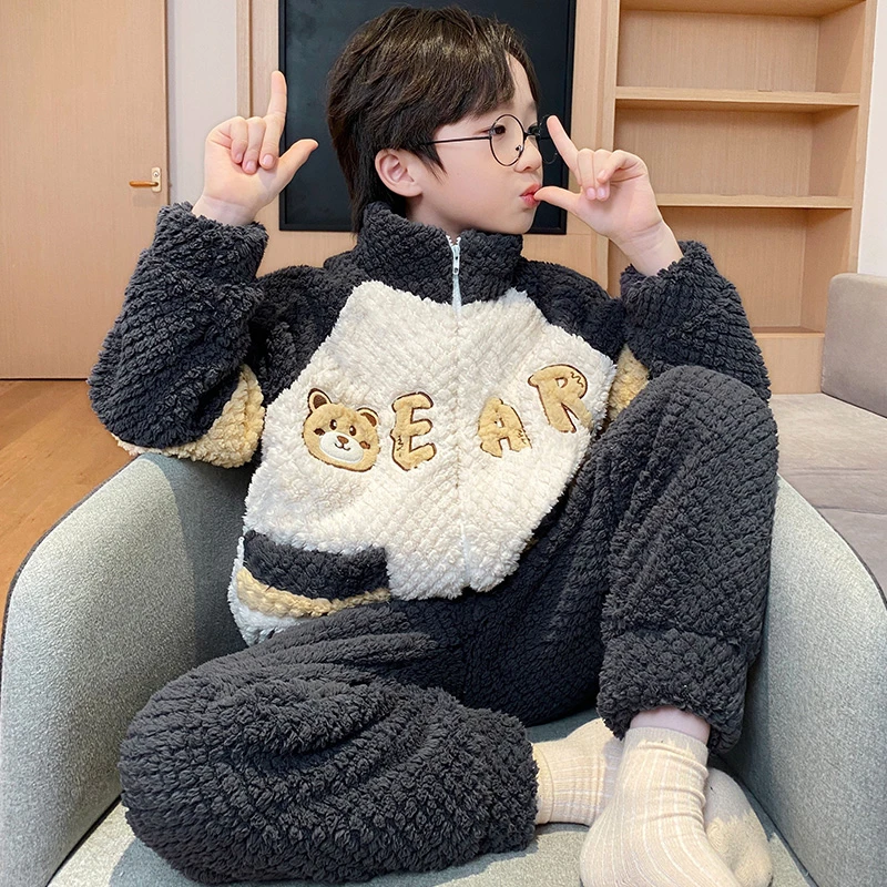 2025新款睡衣儿童珊瑚绒加厚秋冬季儿童套装男孩法兰绒大童家居服