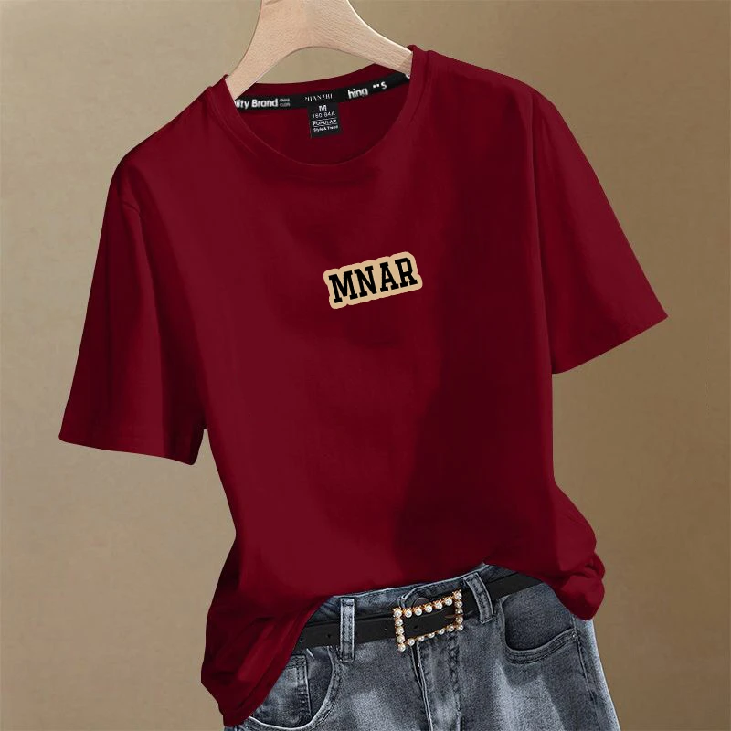 新款纯棉短袖T恤女薄荷曼波洋气百搭夏季宽松圆领显瘦时尚酒红色