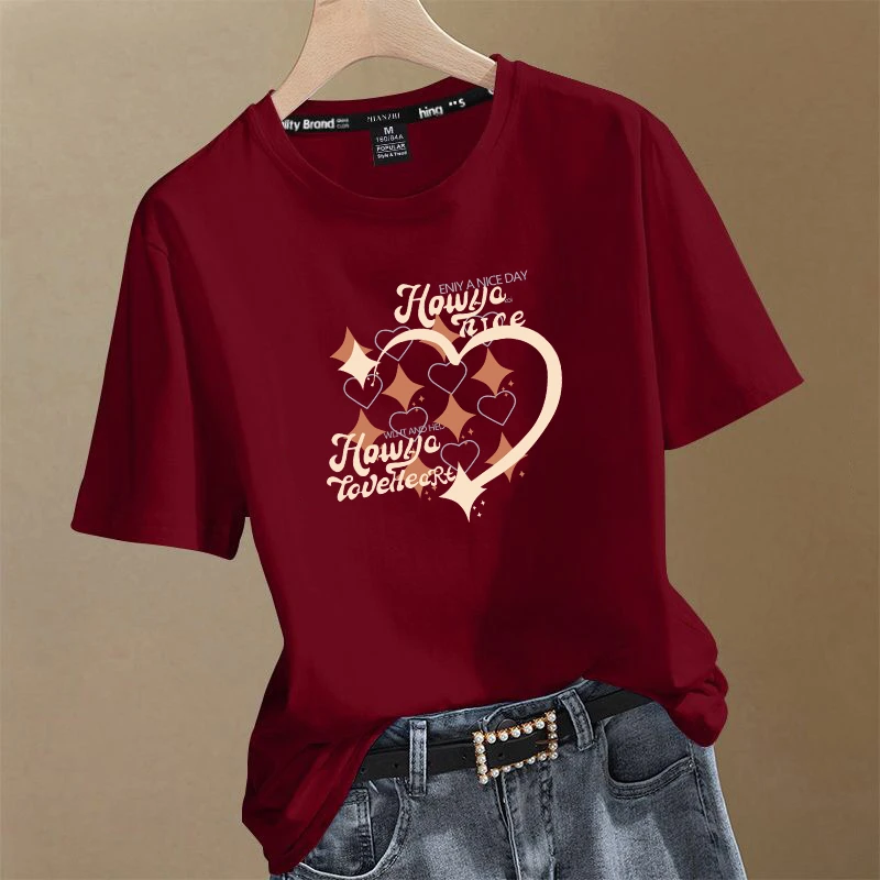 新款洋气纯棉短袖t恤女显瘦时尚酒红色宽松ins印花韩版圆领上衣潮
