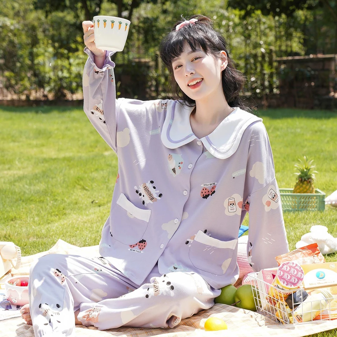 芬腾天然长绒纯棉兔耳后领趣味印花女士开衫家居服套装J98333427