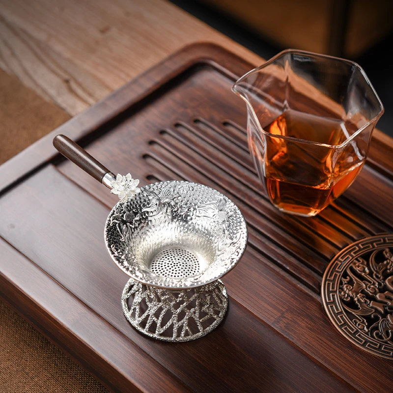 银色茶漏斗锡合金茶滤茶叶过滤家用茶道配件高档创意木把滤茶器