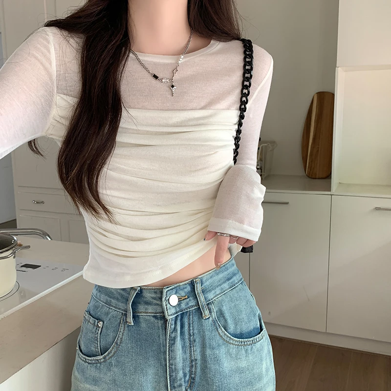 网纱长袖t恤女款爆款2025新款微透修身打底衫秋季设计感短款上衣