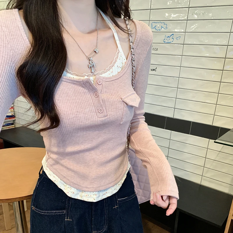 粉色系带挂脖吊带假两件长袖针织衫秋冬设计感小众打底衫t恤显瘦