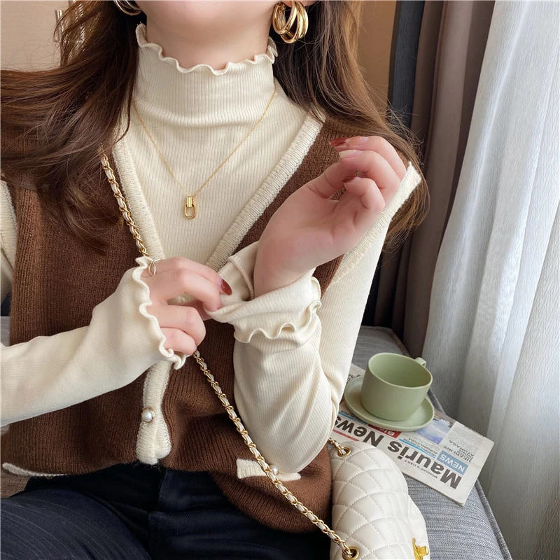 木耳边半高领打底衫女秋冬内搭2025新款修身长袖上衣磨毛加绒t恤