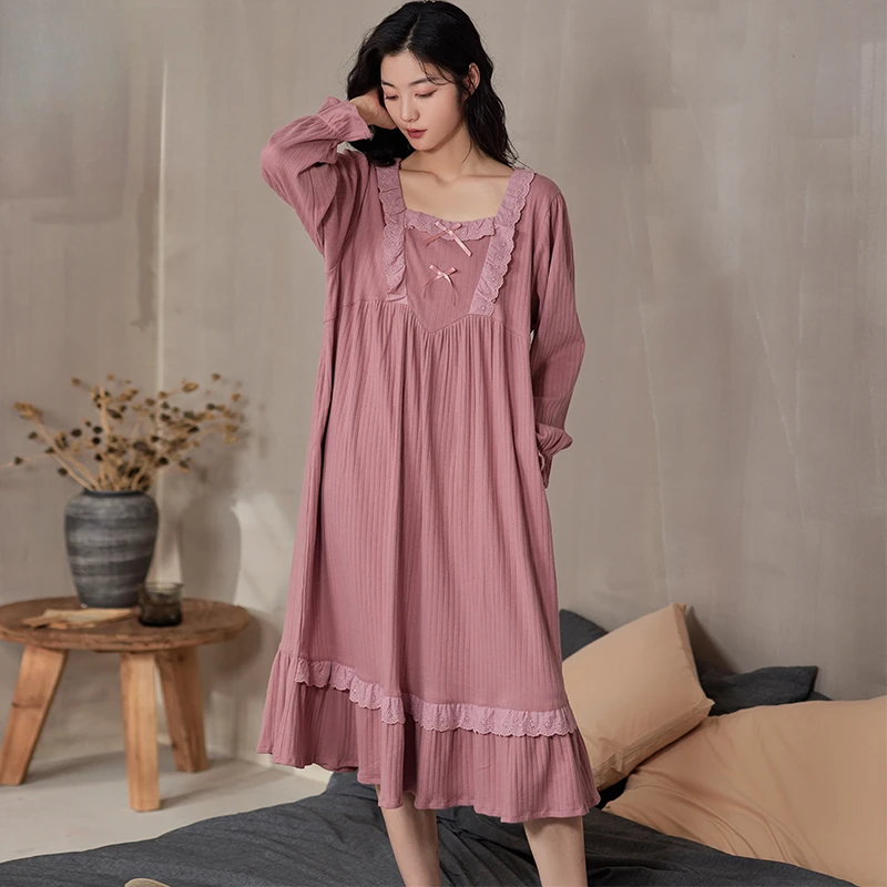 芬腾可安甜美风长袖纯棉家居服孕妇宽松大码睡衣睡裙女士春秋季新