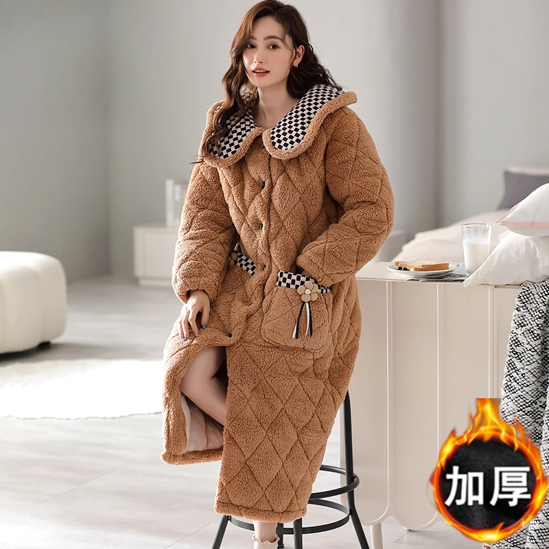 芬腾可安三层夹棉浴袍新款睡袍女秋冬加厚保暖珊瑚绒冬季女加长款