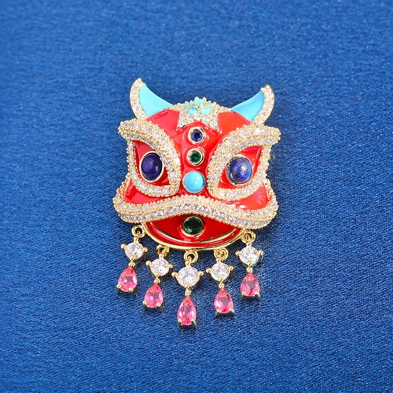 铜合金胸针 【高定醒狮】高档中国风红色精致百搭气质国潮胸花7009