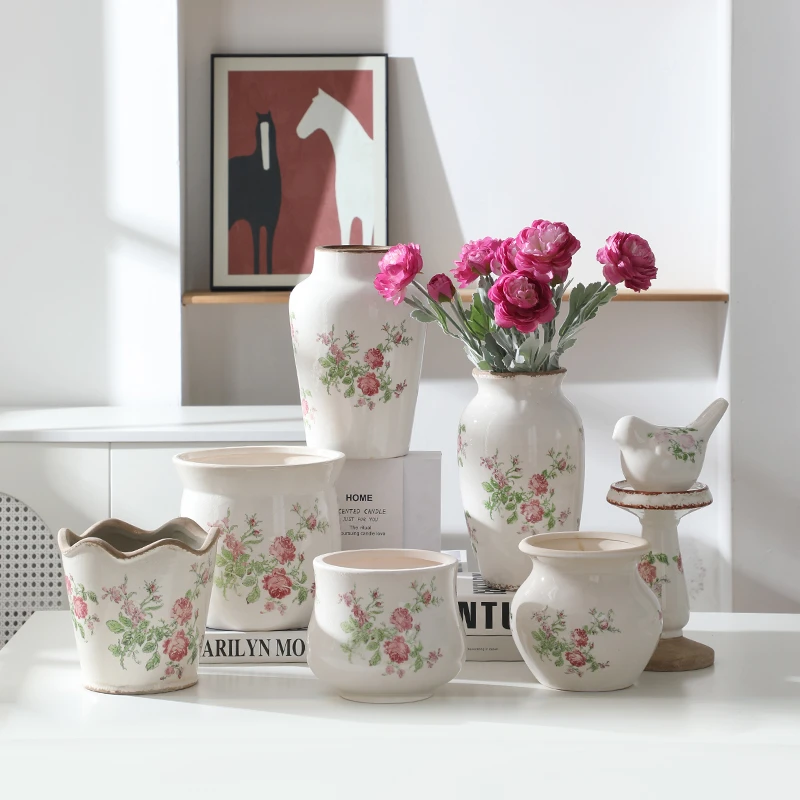 冰裂纹粉玫瑰陶瓷花盆烛台园艺花卉绿植插花水培器皿花瓶小鸟摆件