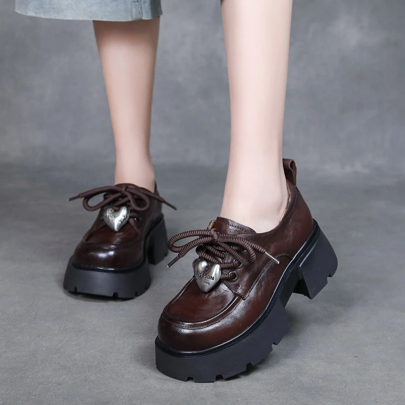 2024手抓纹头层牛皮系带单鞋真皮厚底粗跟轻奢小个子女鞋