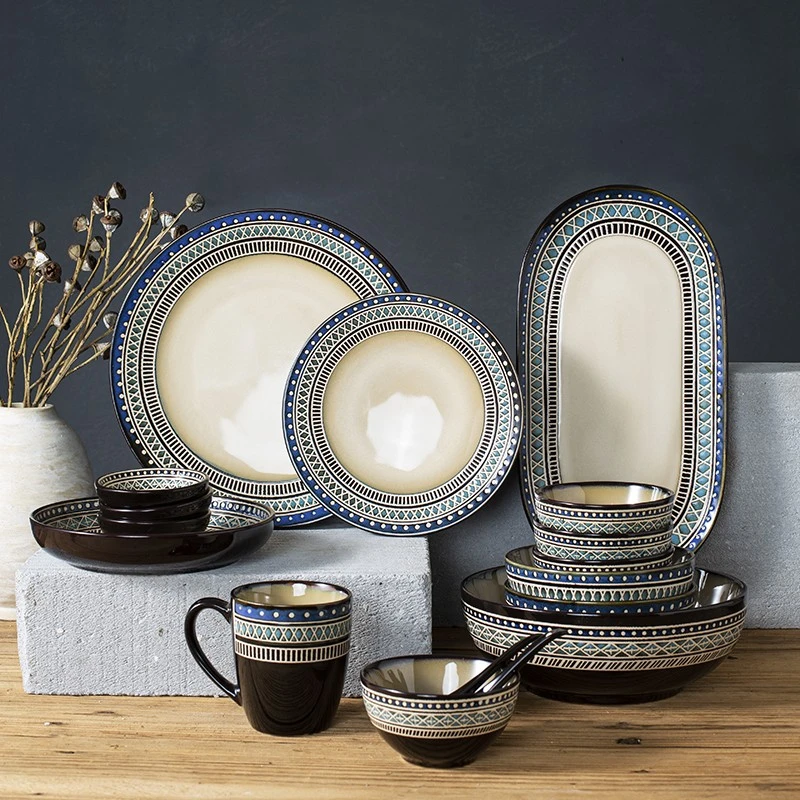 玉泉浮雕家用碗碟套装 欧式简约4人釉下彩碗盘子组合餐具高淳陶瓷