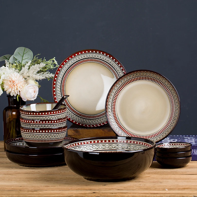 玉泉碗碟餐具套装家用复古高级感碗盘子组合陶瓷餐具简约饭碗菜盘