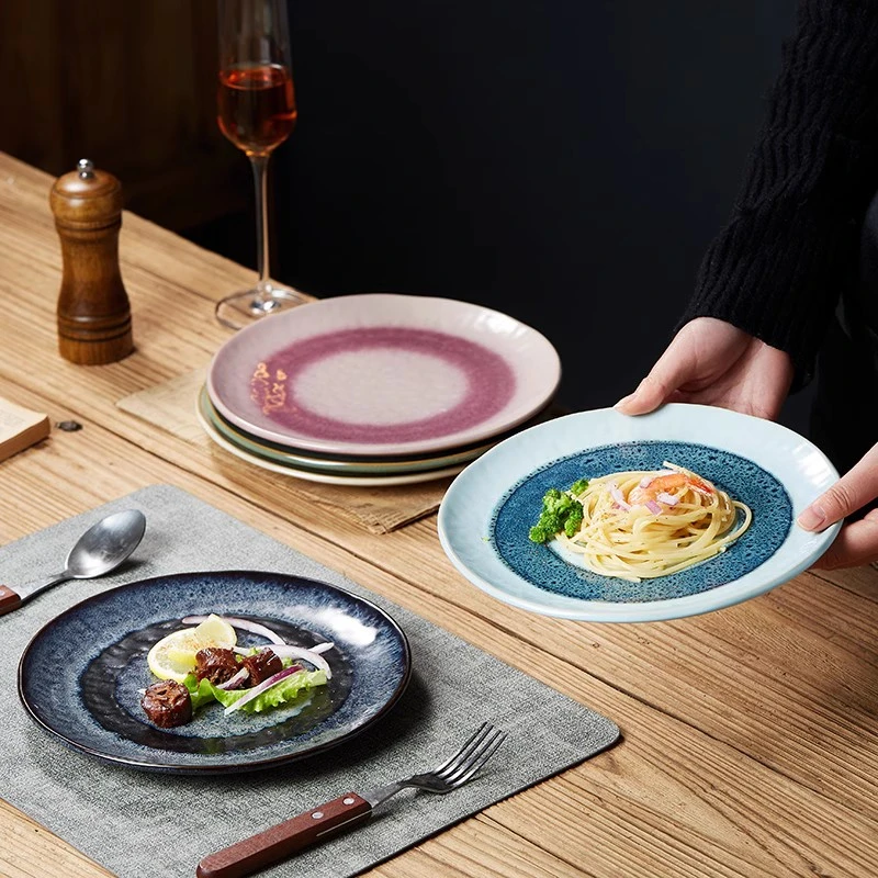 盘子菜盘家用日式复古釉下彩创意简约外贸出口8英寸平盘陶瓷餐具