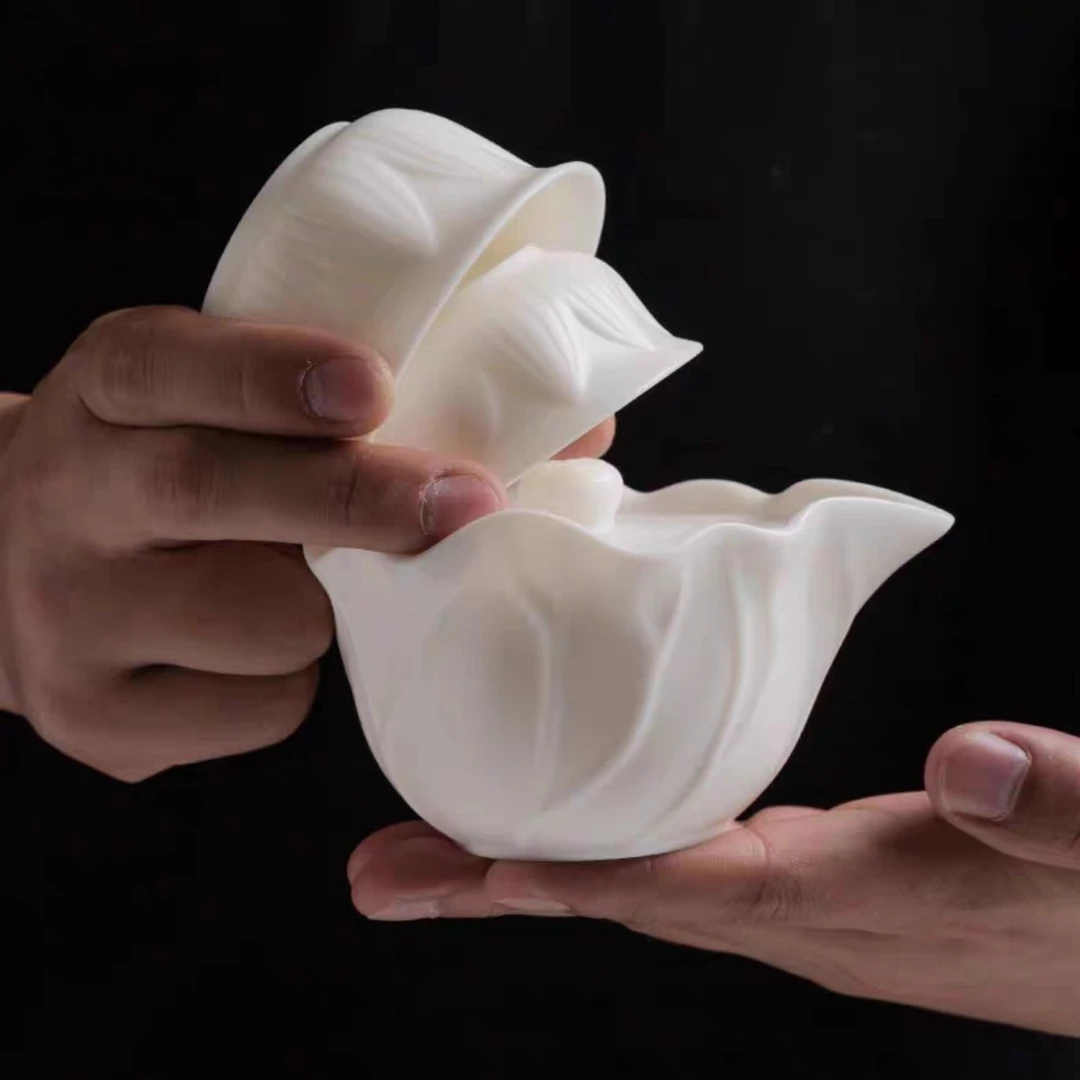 荷花旅行茶具套装快客杯陶瓷一壶二杯便携包羊脂玉白瓷功夫纯手工