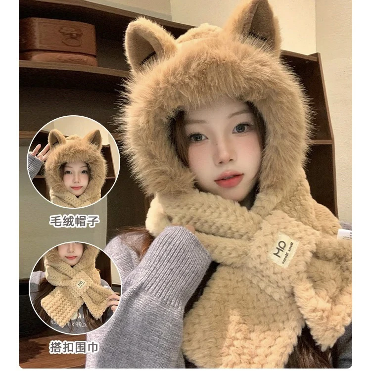 【狐狸耳朵二合一】围巾一体保暖加绒骑车围脖可爱防寒护耳2024新款