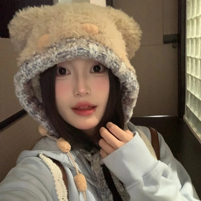韩版彩色绑带小熊耳朵毛绒帽子女秋冬百搭保暖护耳显脸小护耳帽潮