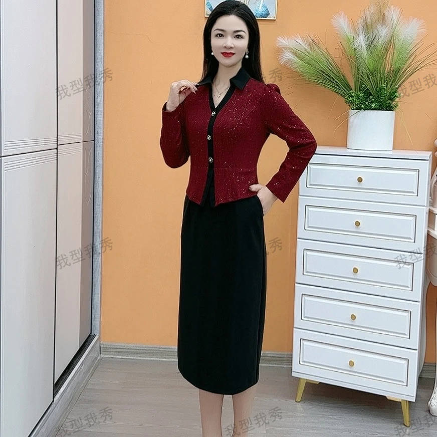 H88B35春季新款时尚红色拼接假两件修身长裙大码长袖女装连衣裙