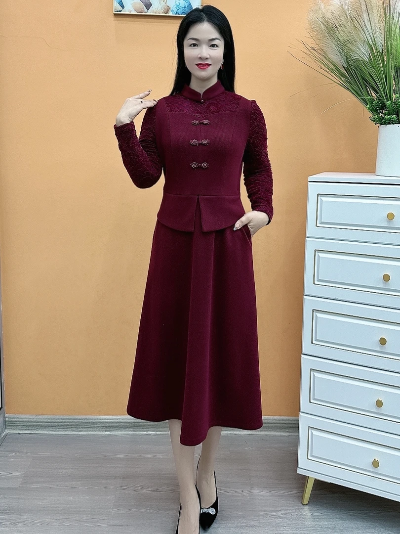 H860春季女裙时尚气质修身显瘦加厚冬款妈妈装国风秋冬修身连衣裙