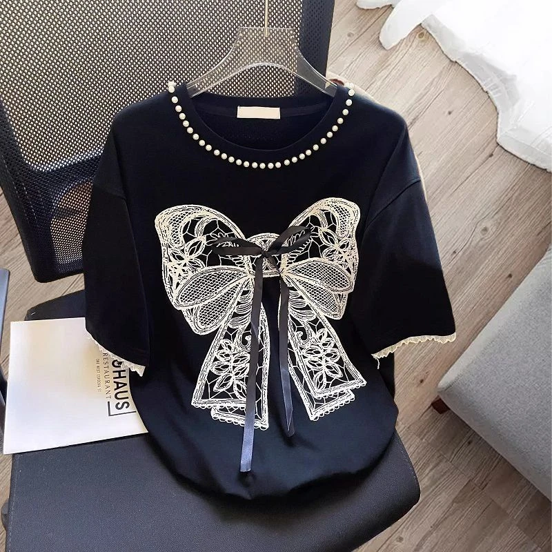 欧美潮流ins钉珠蝴蝶结刺绣短袖t恤男女特大码300斤宽松洋气上衣i