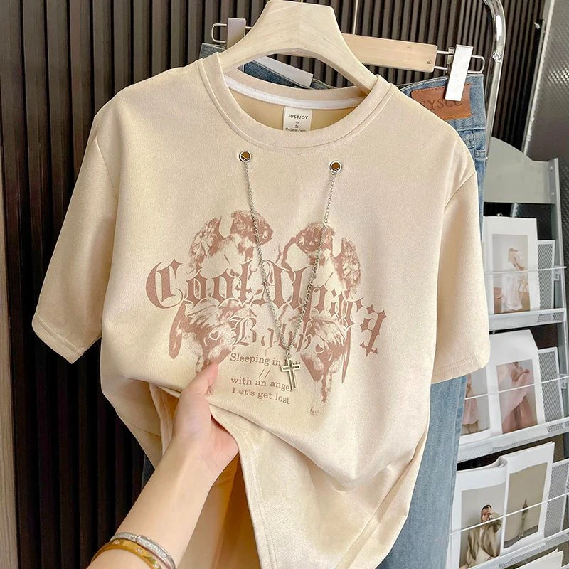 chic港式复古慵懒风短袖T恤男女特大码300斤宽松带项链圆领上衣夏