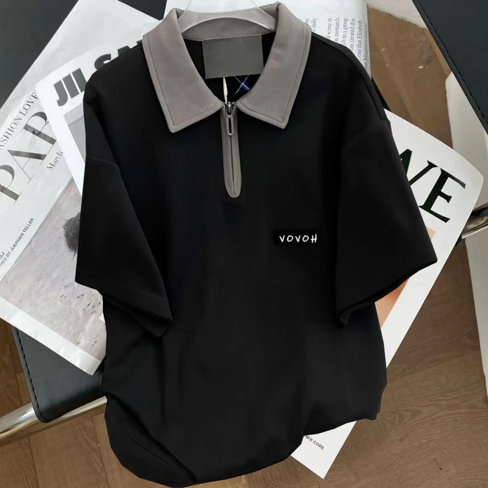 夏季胖mm大码300斤街头复古拉链短袖t恤男女情侣宽松polo衫上衣潮