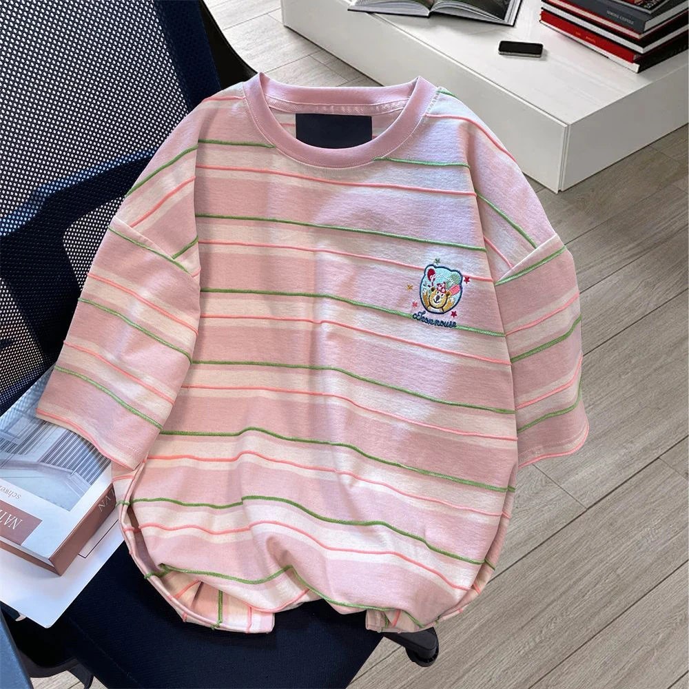 日系ins粉色条纹小熊刺绣短袖t恤男女特大码300斤宽松胖mm上衣夏i
