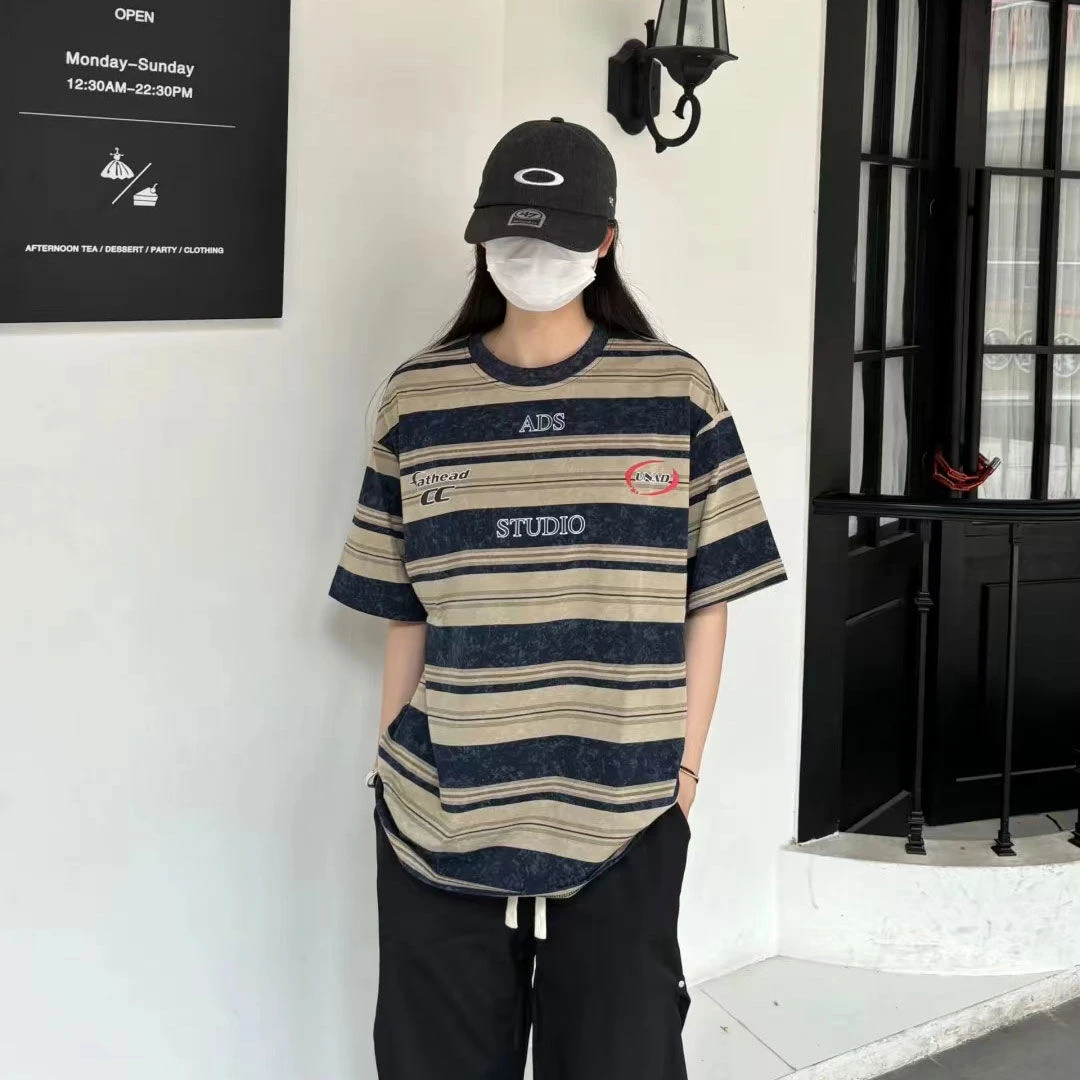 日系街头条纹格子短袖衬衫宽松高街情侣潮流衬衣大码300斤夏