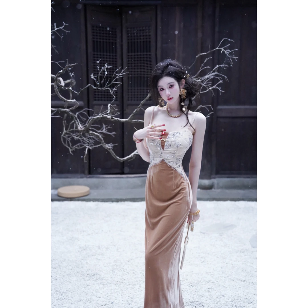 【雅乔定制】矜贵金桂 丝绒亮片烧花吊带连衣裙DYZY-24107390