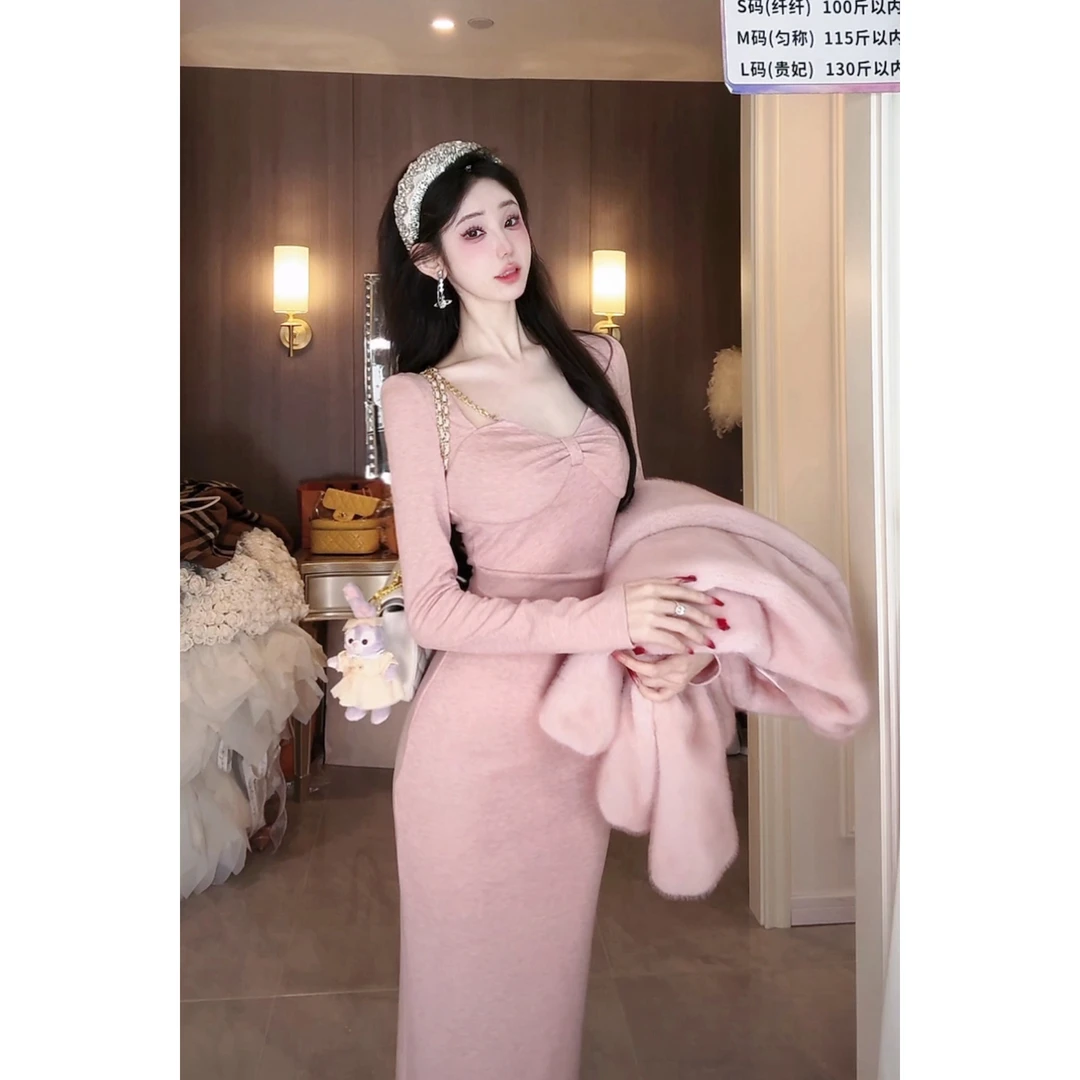 【雅乔定制】三千金长款 桃心领链条收腰捏褶连衣裙DYLL-24086462