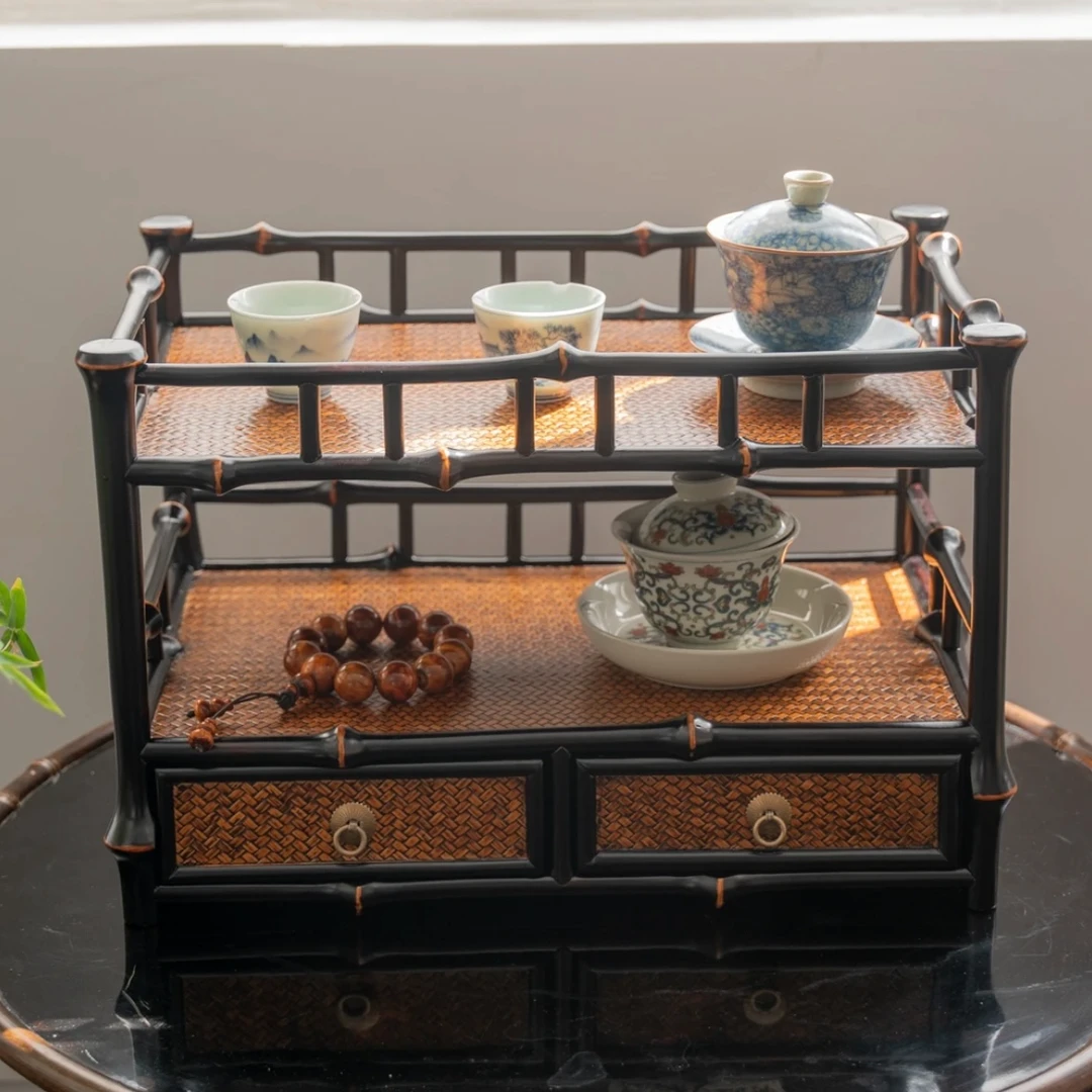 【诚斋】筇竹精致编织茶具收纳架茶杯架壶架置物博古架茶棚席面茶柜